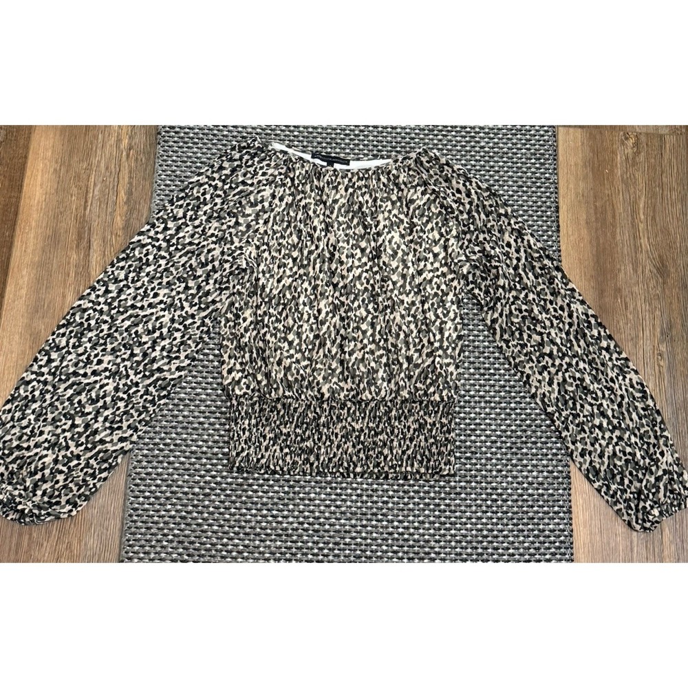 White House Black Market Smocked Waist Camouflage Lined Meshy Top Sz L - Picture 4 of 12